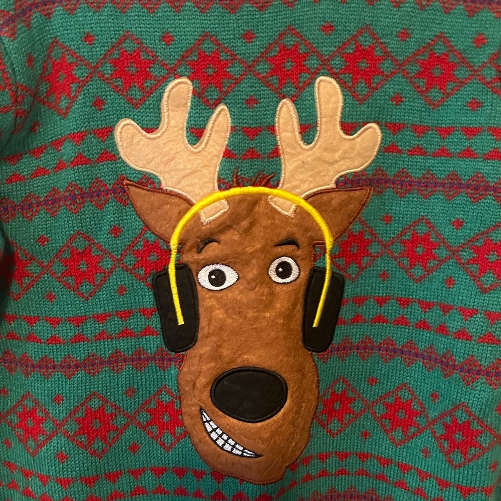 Blizzard Bay Ugly Christmas Sweater Reindeer with Headphones. Boys L (14/16).